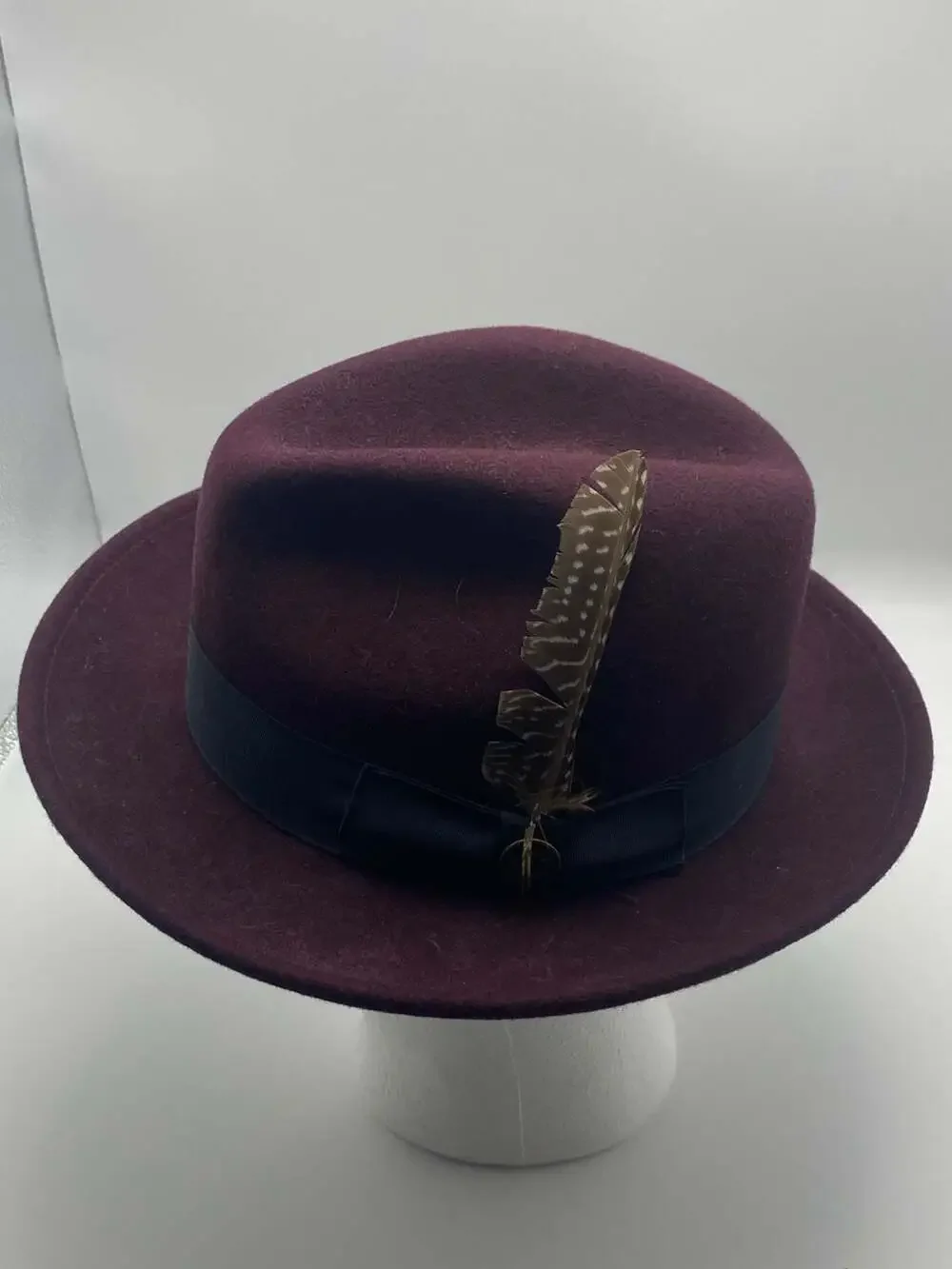 Coorin Bros Burgundy Wool Fedora Hat with Black Band and Feather Accent, Medium